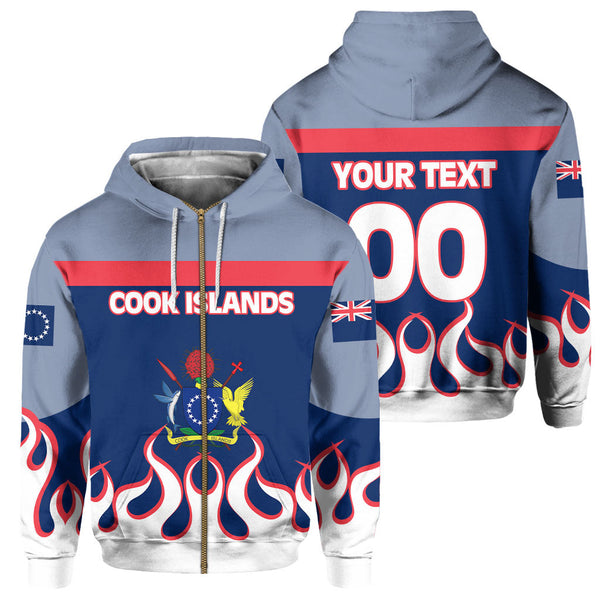 Cook Islands Zip Hoodie Flag & Coat Of Arms Fire Hockey Style