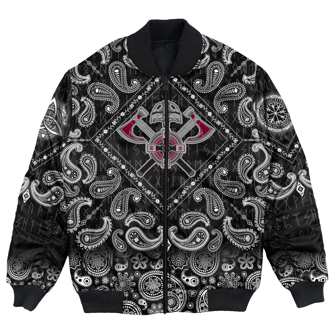 Viking Bomber Jacket Crest Crossed Battle Axes with Bandana Paisley Style