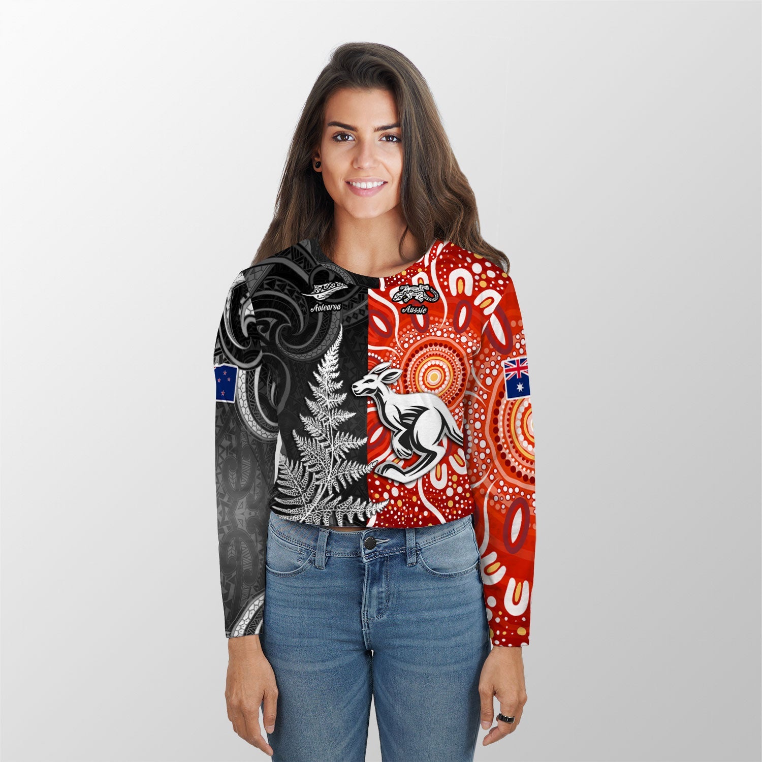 Custom New Zealand Rugby Croptop Long T Shirt Aotearoa Silver Fern & Aussie Kangaroo Maori & Aboriginal - LH1