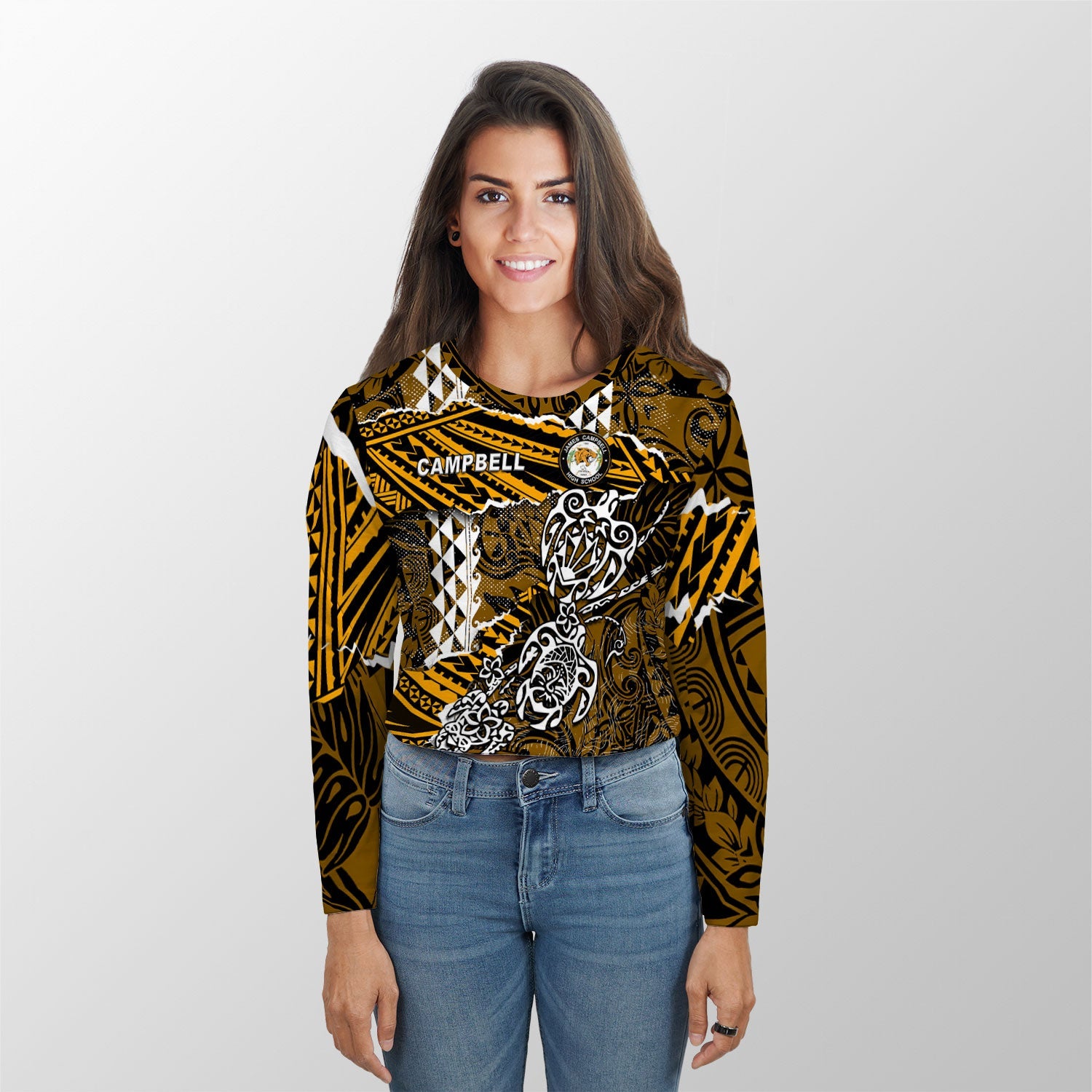 Hawaii James Campbell High School Custom Croptop Long T Shirt Polynesian Turtle Style