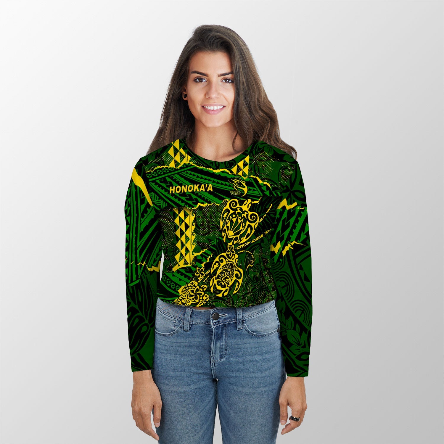 Hawaii Honoka High & Intermediate School Custom Croptop Long T Shirt Polynesian Turtle Style