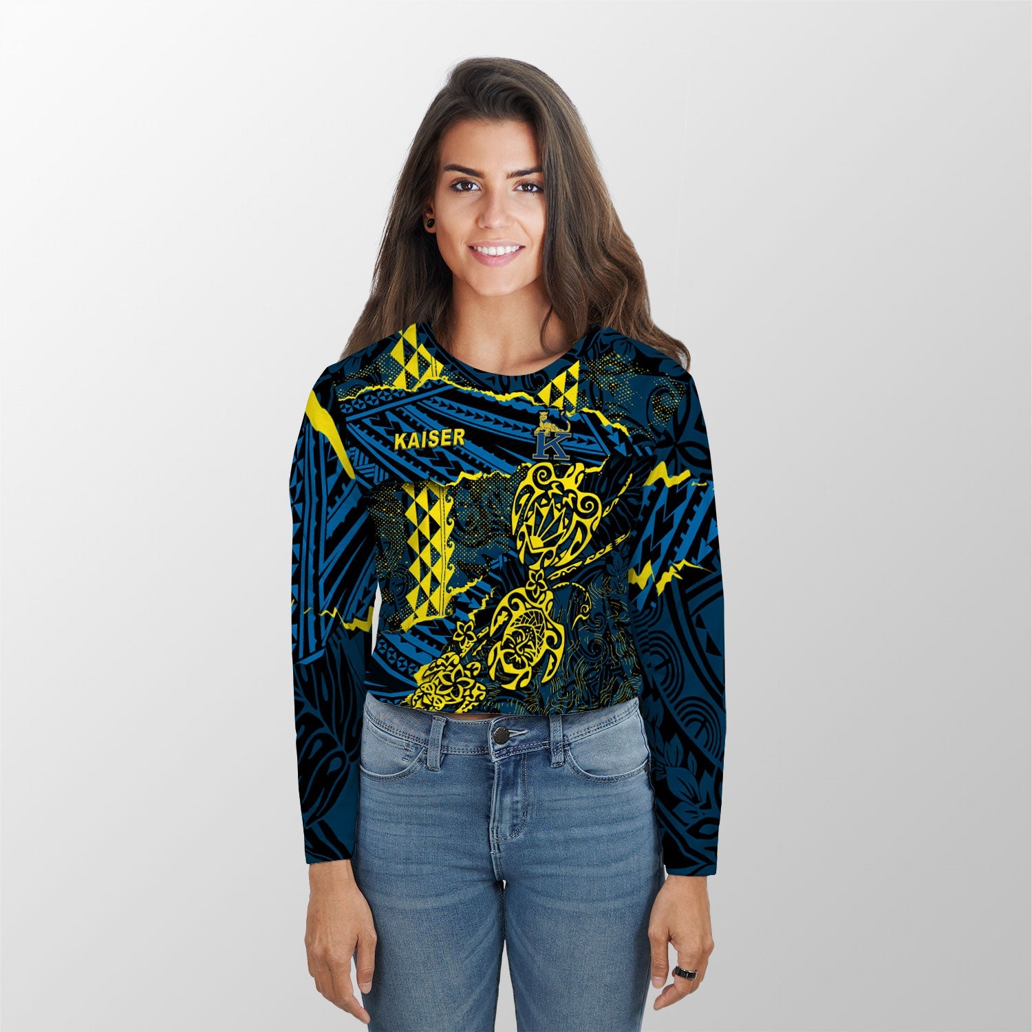 Hawaii Kaiser High School Custom Croptop Long T Shirt Polynesian Turtle Style