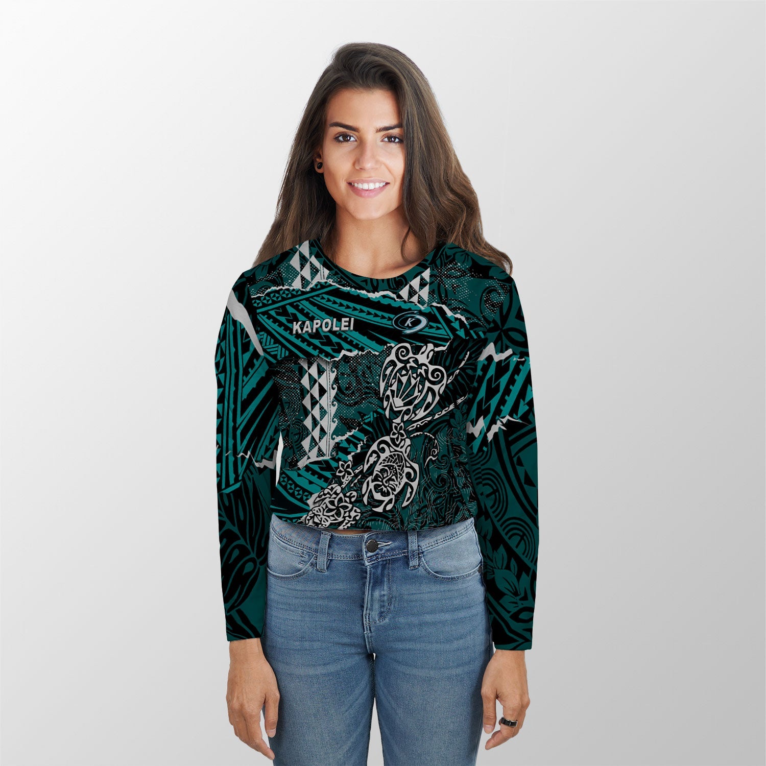 Hawaii Kapolei High School Custom Croptop Long T Shirt Polynesian Turtle Style