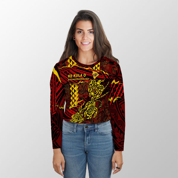 Hawaii Ke Kula O Ehunuikaimalino School Custom Croptop Long T Shirt Polynesian Turtle Style