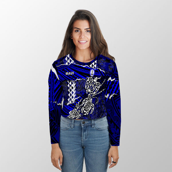 Hawaii Maui High School Custom Croptop Long T Shirt Polynesian Turtle Style