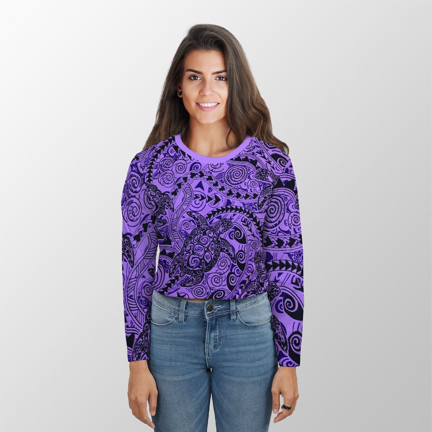 Hawaii Polynesian Turtle Croptop Long T Shirt Purple Style