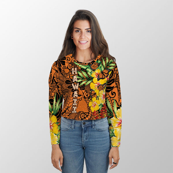 Hawaii Croptop Long T Shirt Kamehameha Butterfly Tropical Style