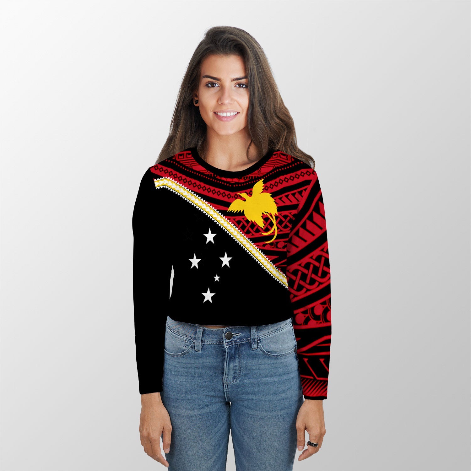 Papua New Guinea Croptop Long T Shirt Polynesian Flag Style