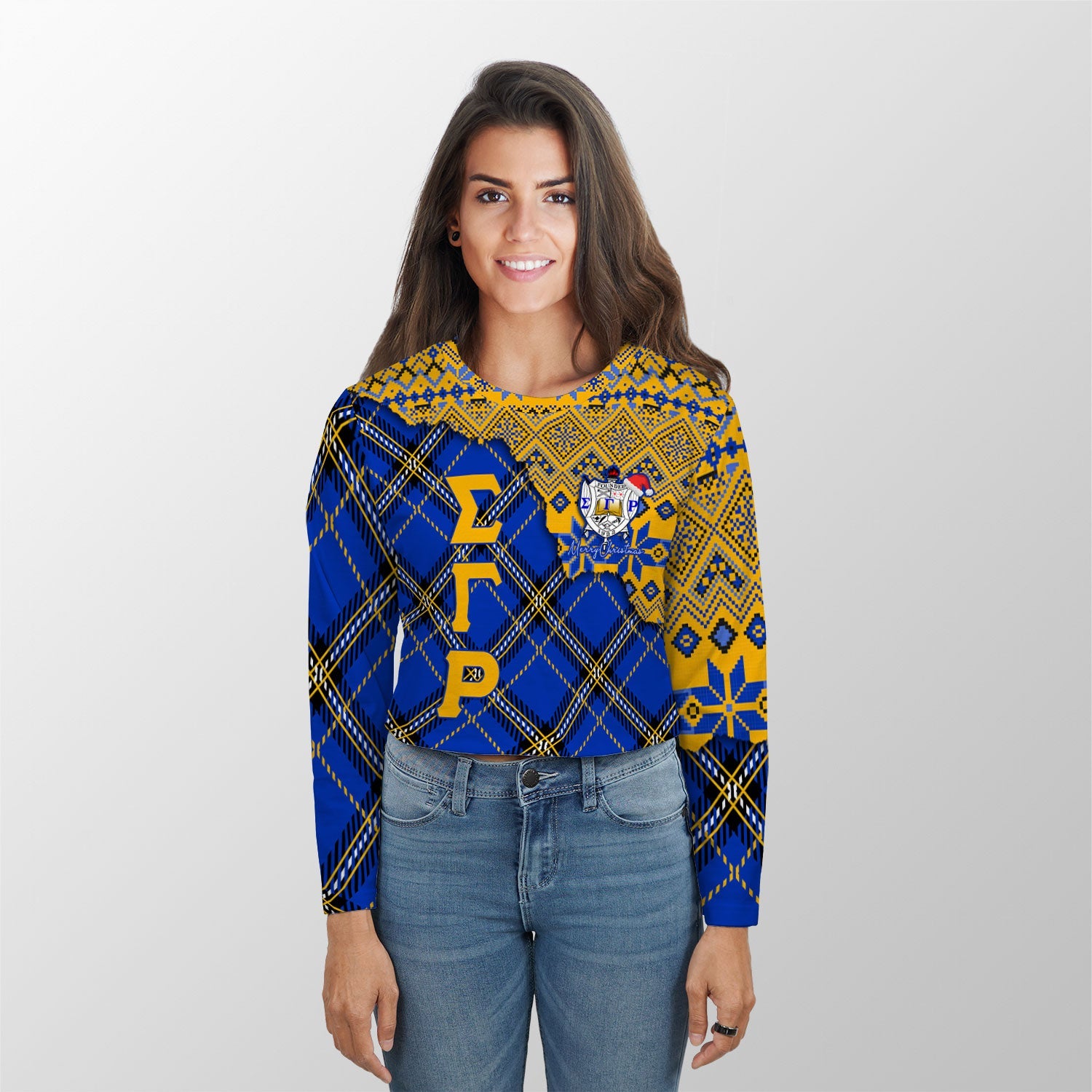 Sorority Shirt - Christmas Sigma Gamma Rho Girl Croptop Long T Shirt Plaid Background Style