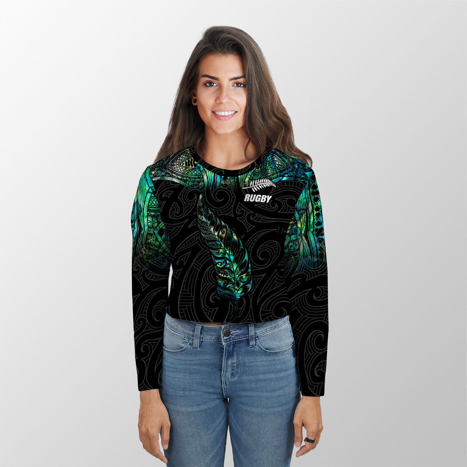 Custom New Zealand Rugby Croptop Long T Shirt Maori mix Paua Shell Rugby Silver Fern Aotearoa - LH1