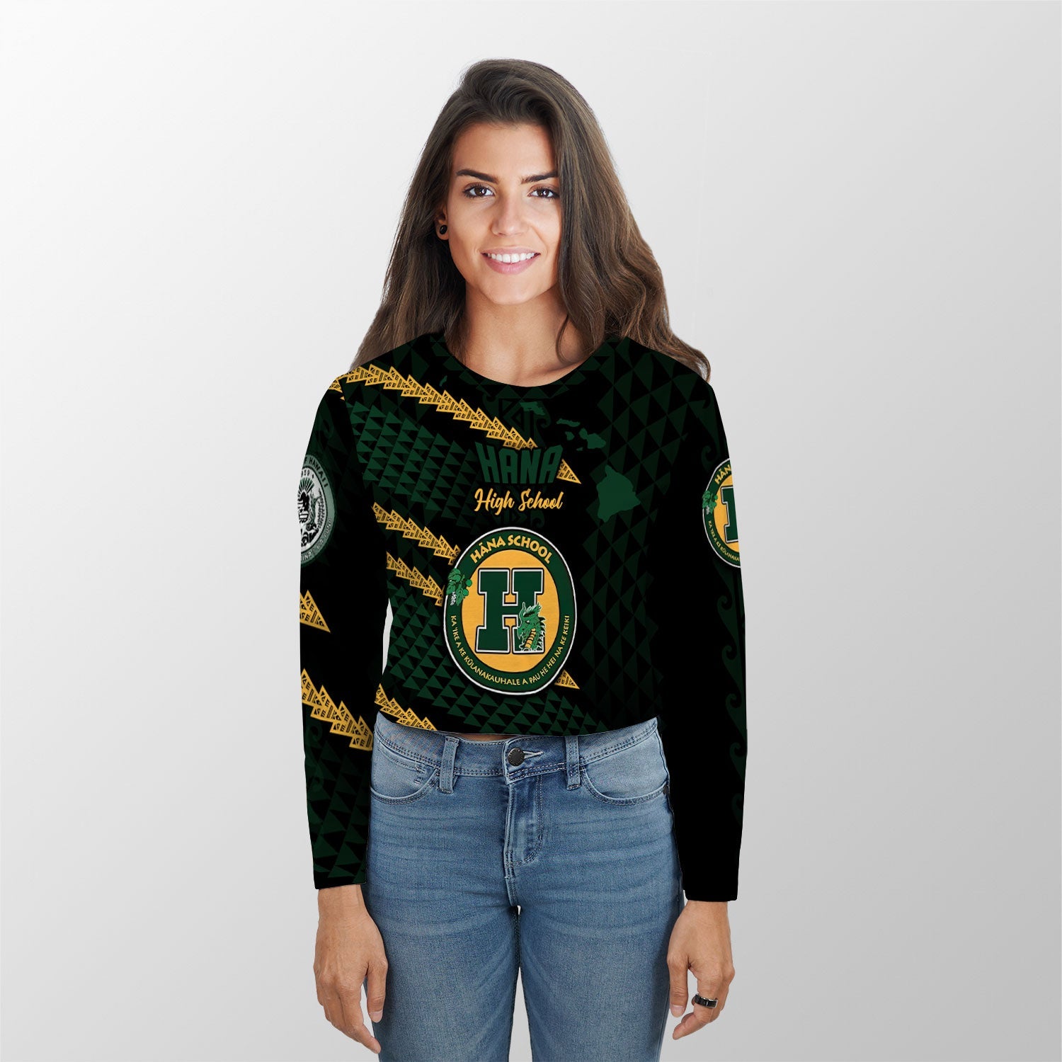 Hawaii Hana High & Elementary School Custom Croptop Long T Shirt Map Style