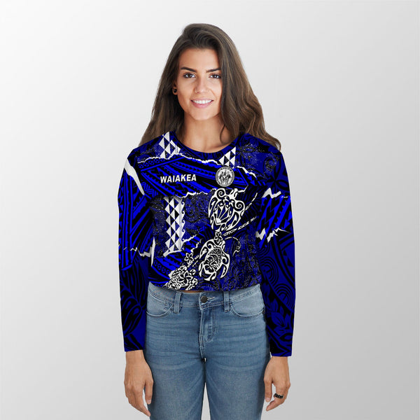 Hawaii Waiakea High School Custom Croptop Long T Shirt Polynesian Turtle Style