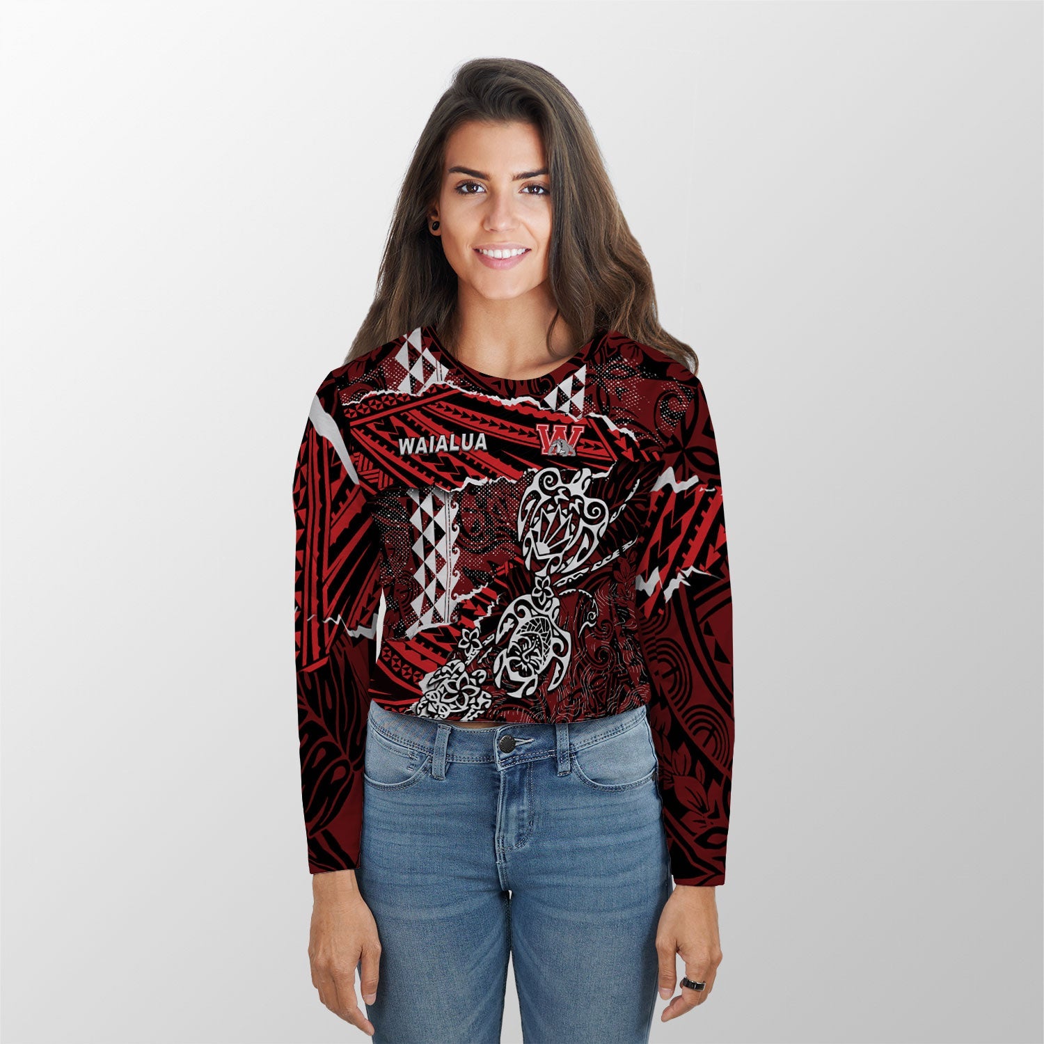 Hawaii Waialua High & Intermediate School Custom Croptop Long T Shirt Polynesian Turtle Style