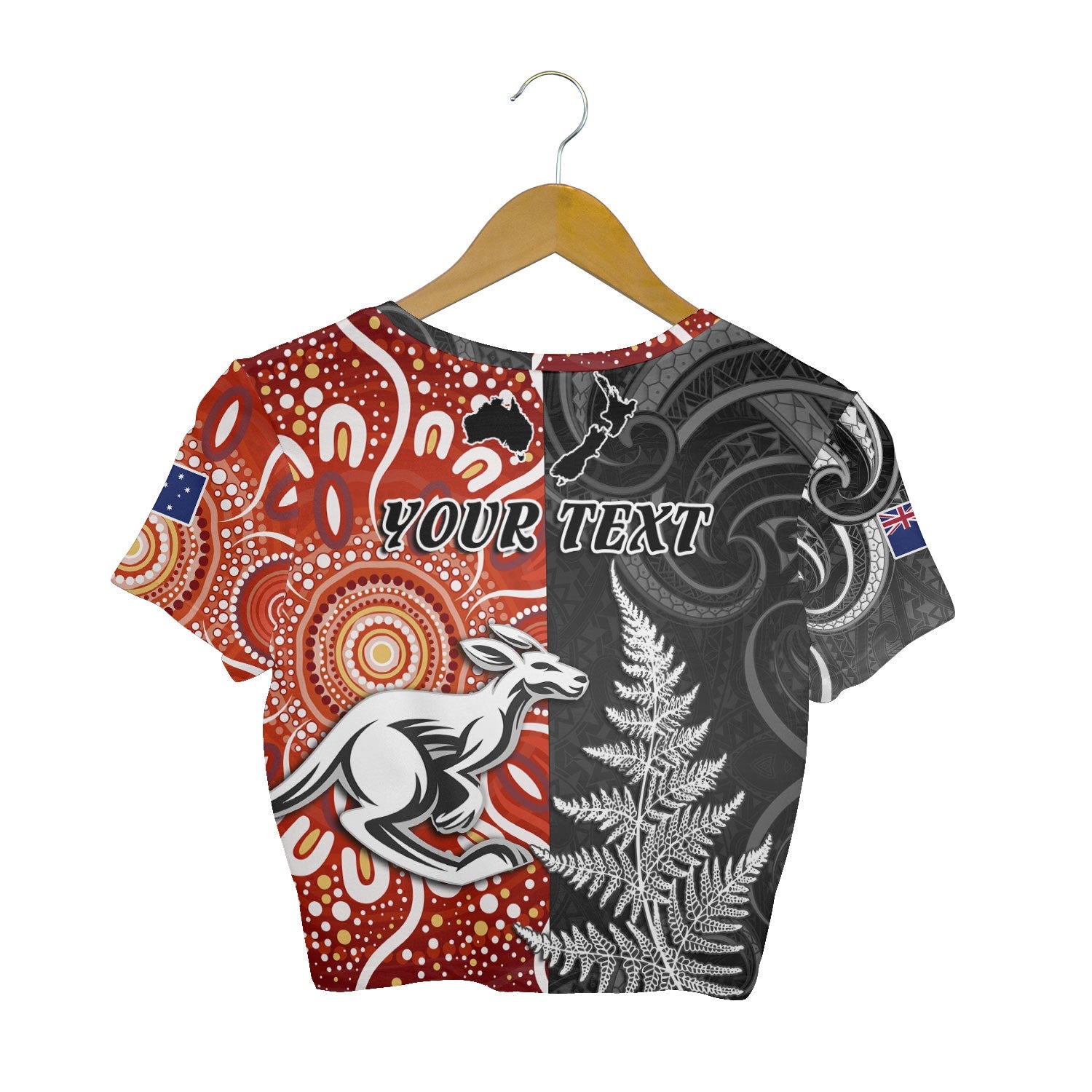 Custom New Zealand Rugby Croptop T Shirt Aotearoa Silver Fern & Aussie Kangaroo Maori & Aboriginal - LH1