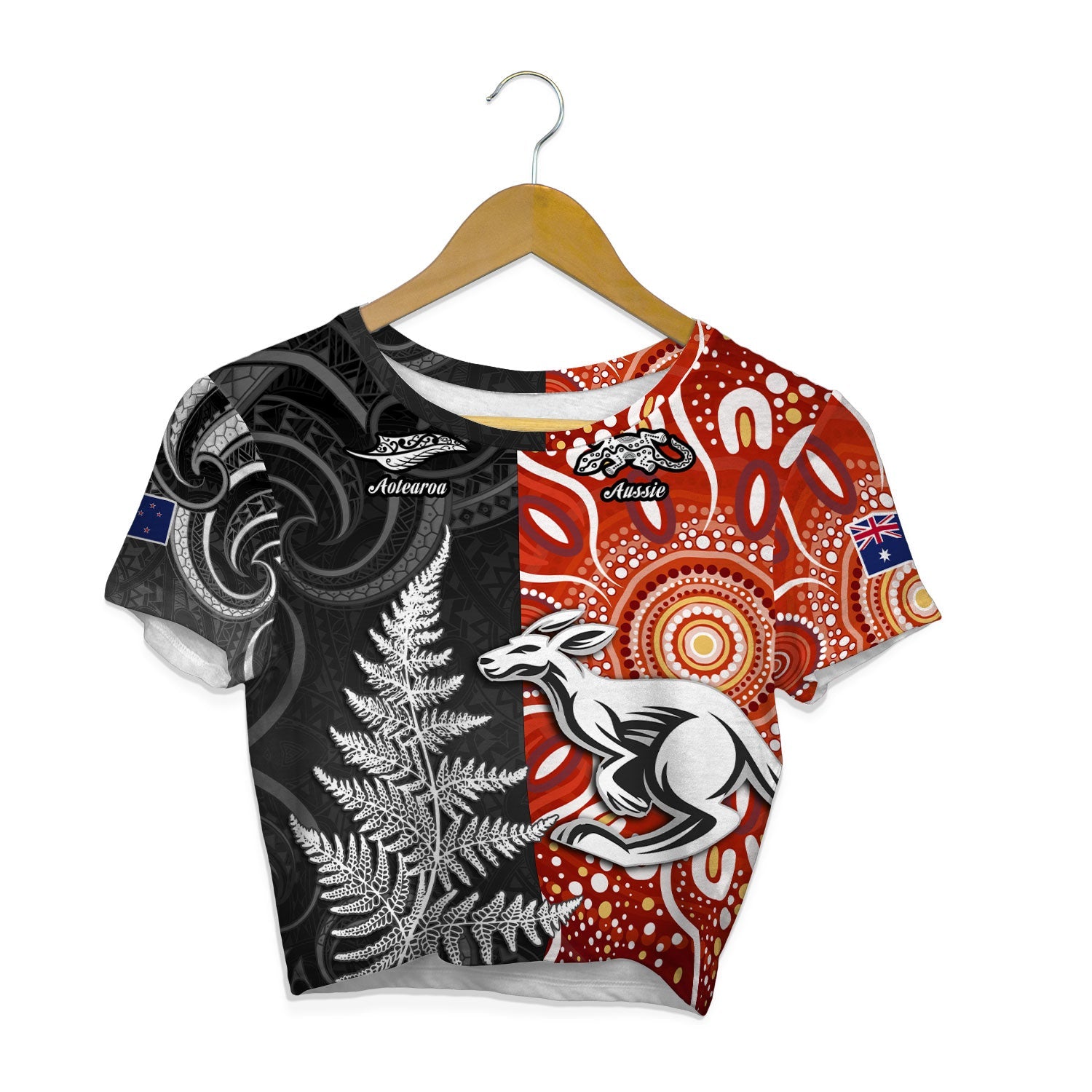 Custom New Zealand Rugby Croptop T Shirt Aotearoa Silver Fern & Aussie Kangaroo Maori & Aboriginal - LH1