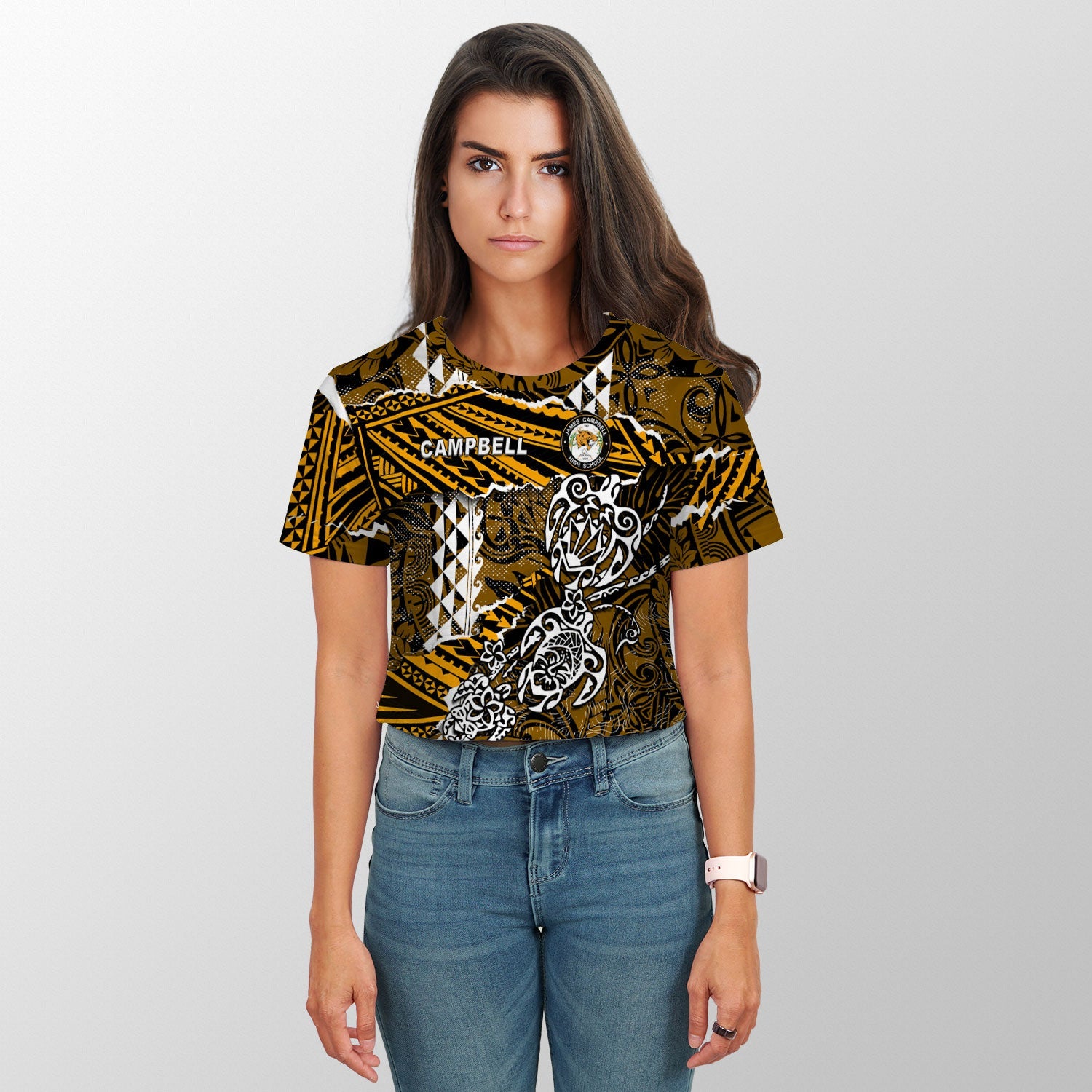 Hawaii James Campbell High School Custom Croptop T Shirt Polynesian Turtle Style