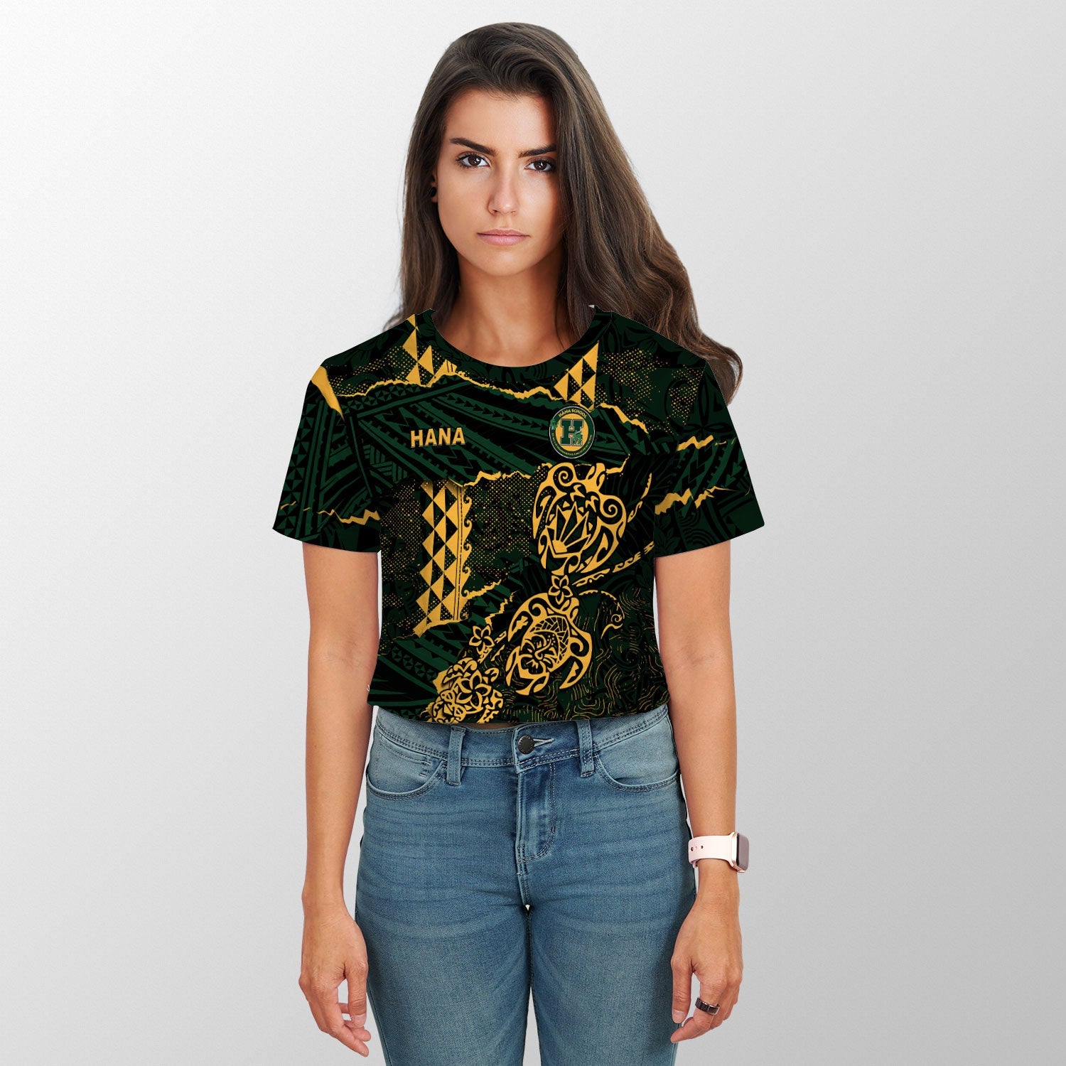 Hawaii Hana High & Elementary School Custom Croptop T Shirt Polynesian Turtle Style