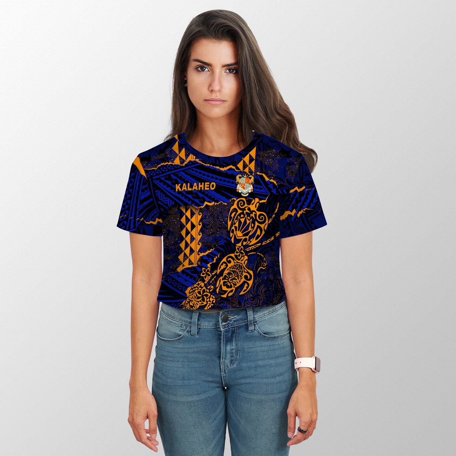 Hawaii Kalaheo High School Custom Croptop T Shirt Polynesian Turtle Style