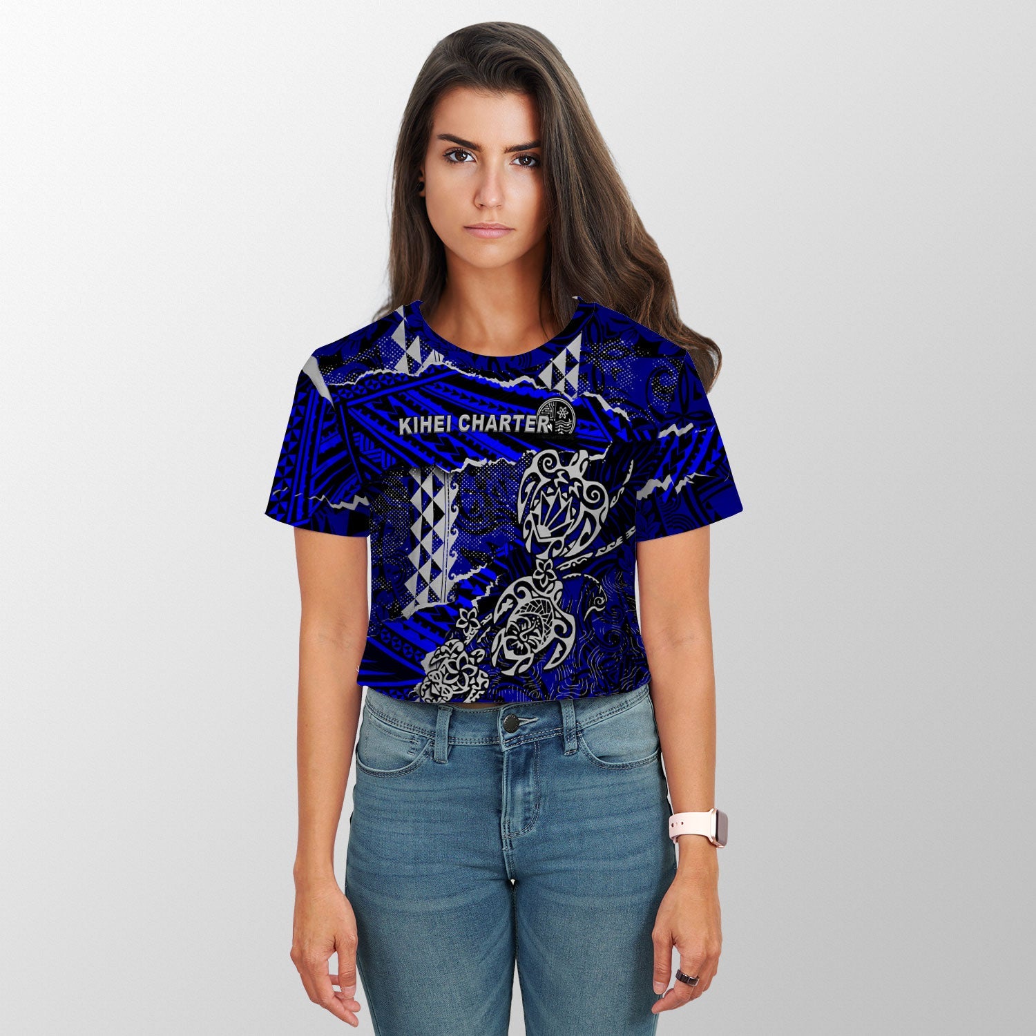 Hawaii Kihei Charter School Custom Croptop T Shirt Polynesian Turtle Style