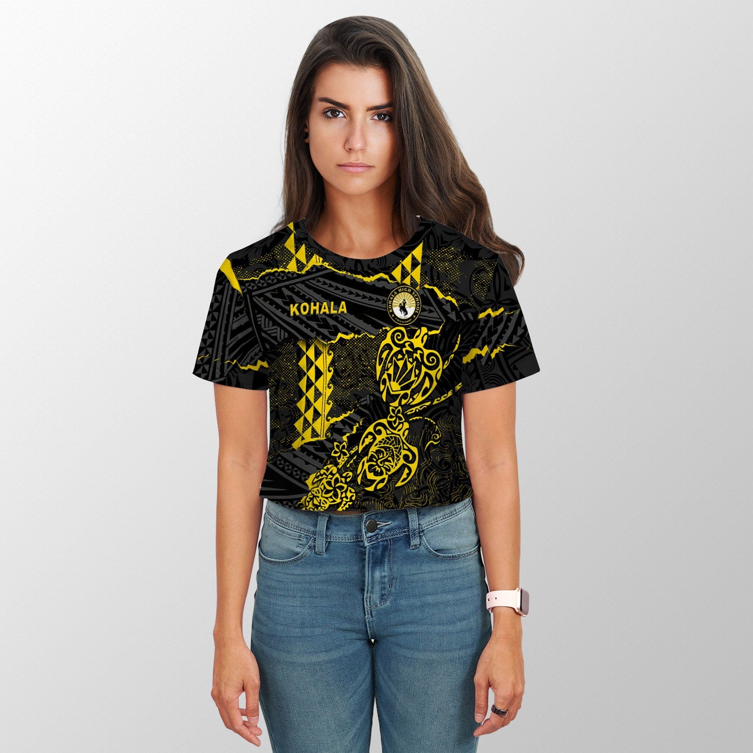 Hawaii Kohala High School Custom Croptop T Shirt Polynesian Turtle Style