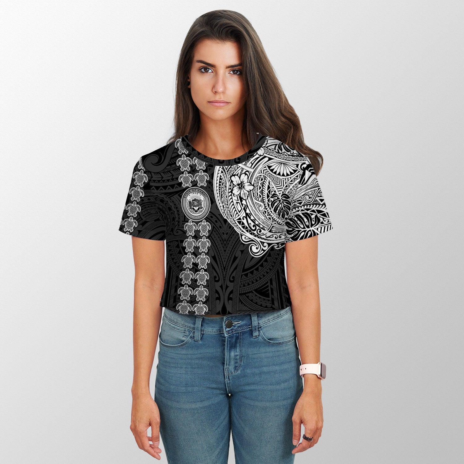 Hawaii Seal Polynesian Turtle Line Croptop T Shirt