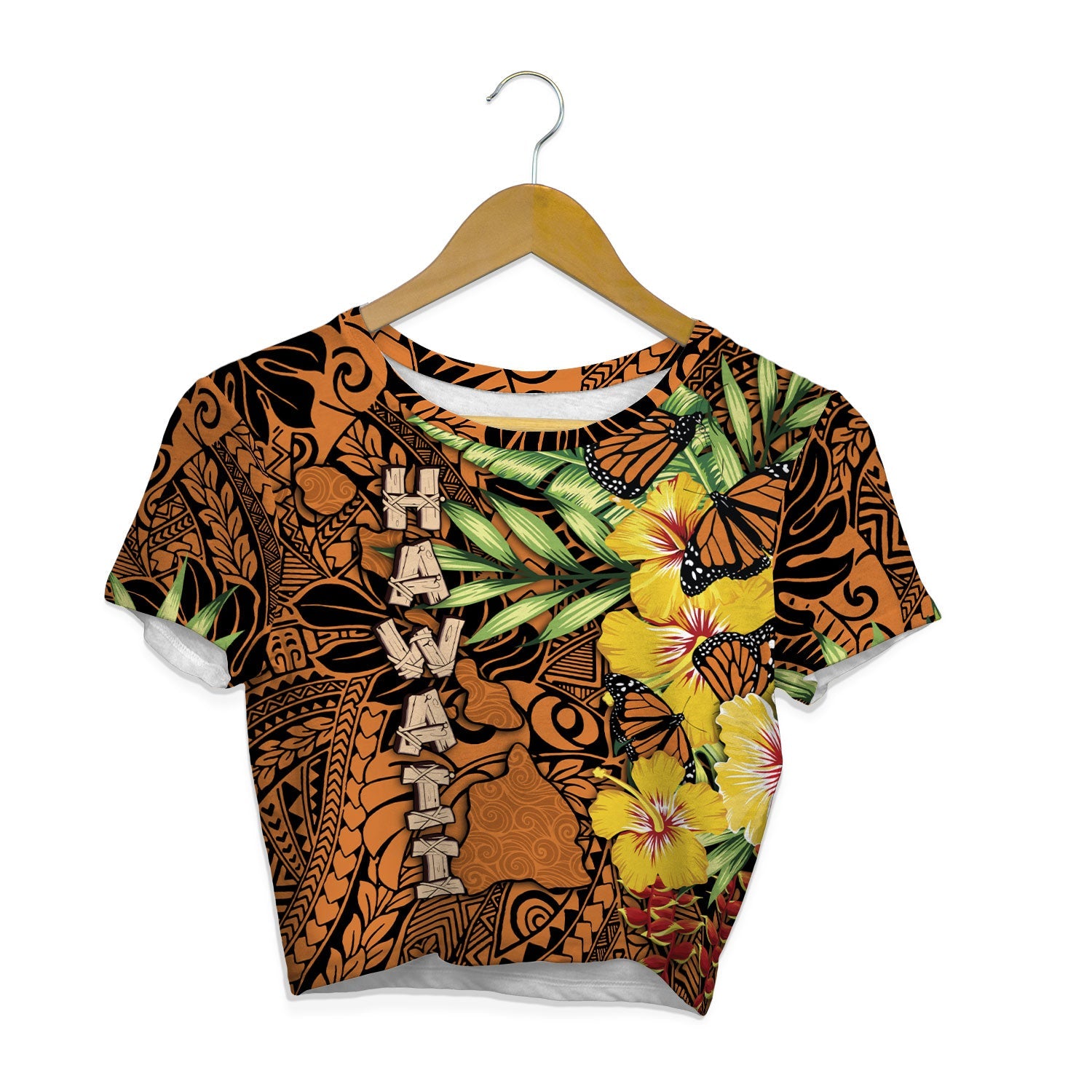 Hawaii Croptop T Shirt Kamehameha Butterfly Tropical Style