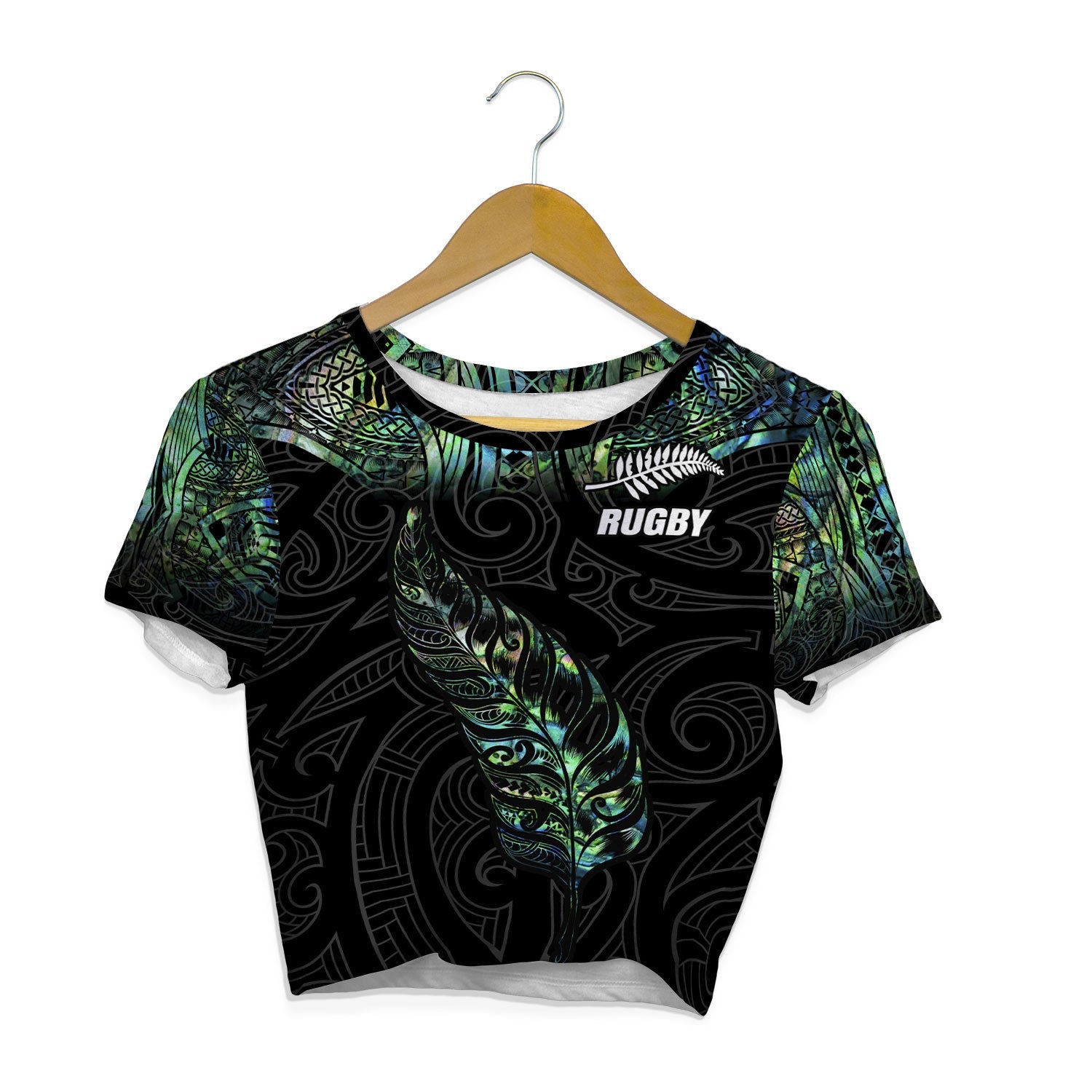 Custom New Zealand Rugby Croptop T Shirt Maori mix Paua Shell Rugby Silver Fern Aotearoa - LH1