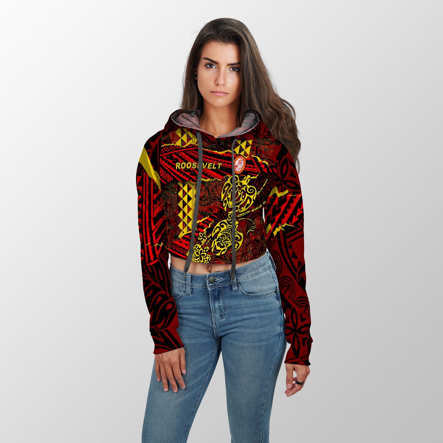 Hawaii Roosevelt High School Custom Croptop Hoodie Polynesian Turtle Style