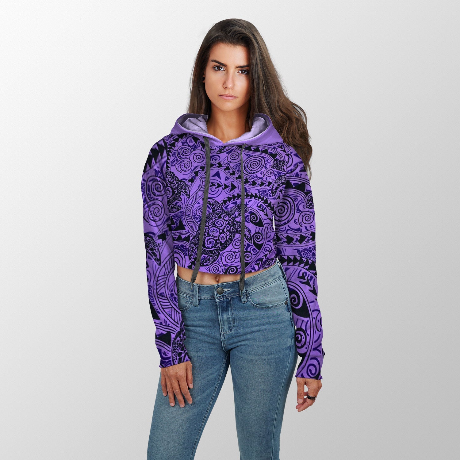 Hawaii Polynesian Turtle Croptop Hoodie Purple Style