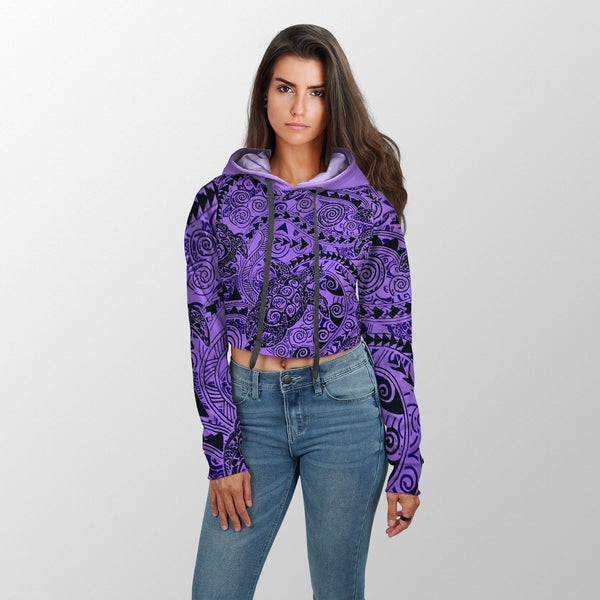 Hawaii Polynesian Turtle Croptop Hoodie Purple Style