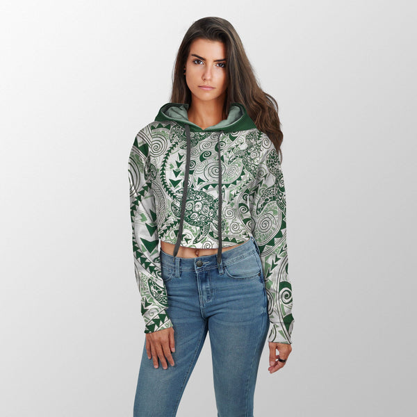 Hawaii Polynesian Turtle Croptop Hoodie Green Style