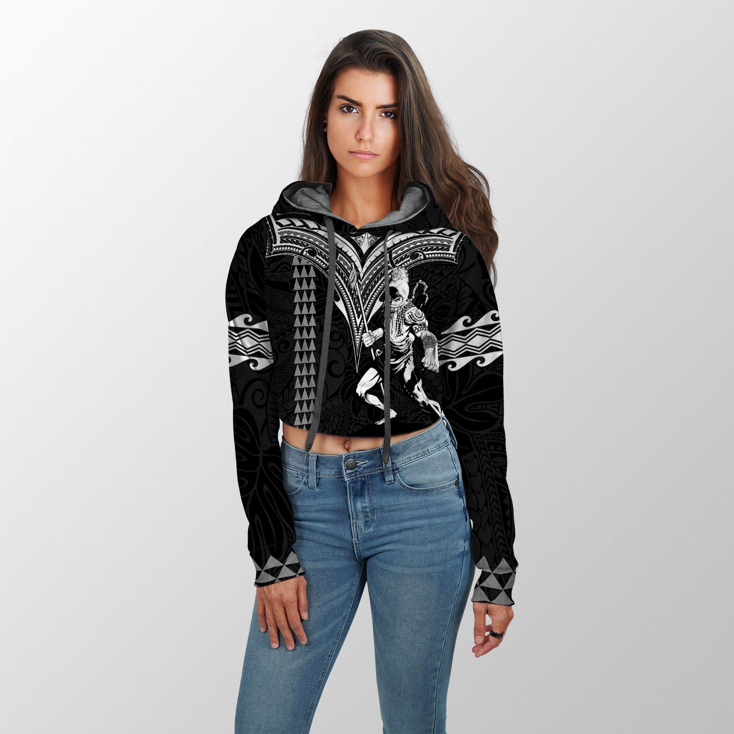 Custom Hawaii Ikaika Warrior Croptop Hoodie Polynesian Tattoo Style