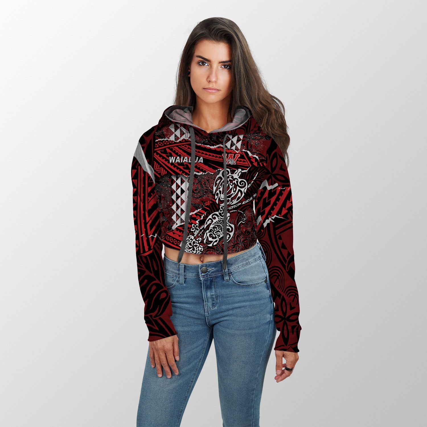 Hawaii Waialua High & Intermediate School Custom Croptop Hoodie Polynesian Turtle Style