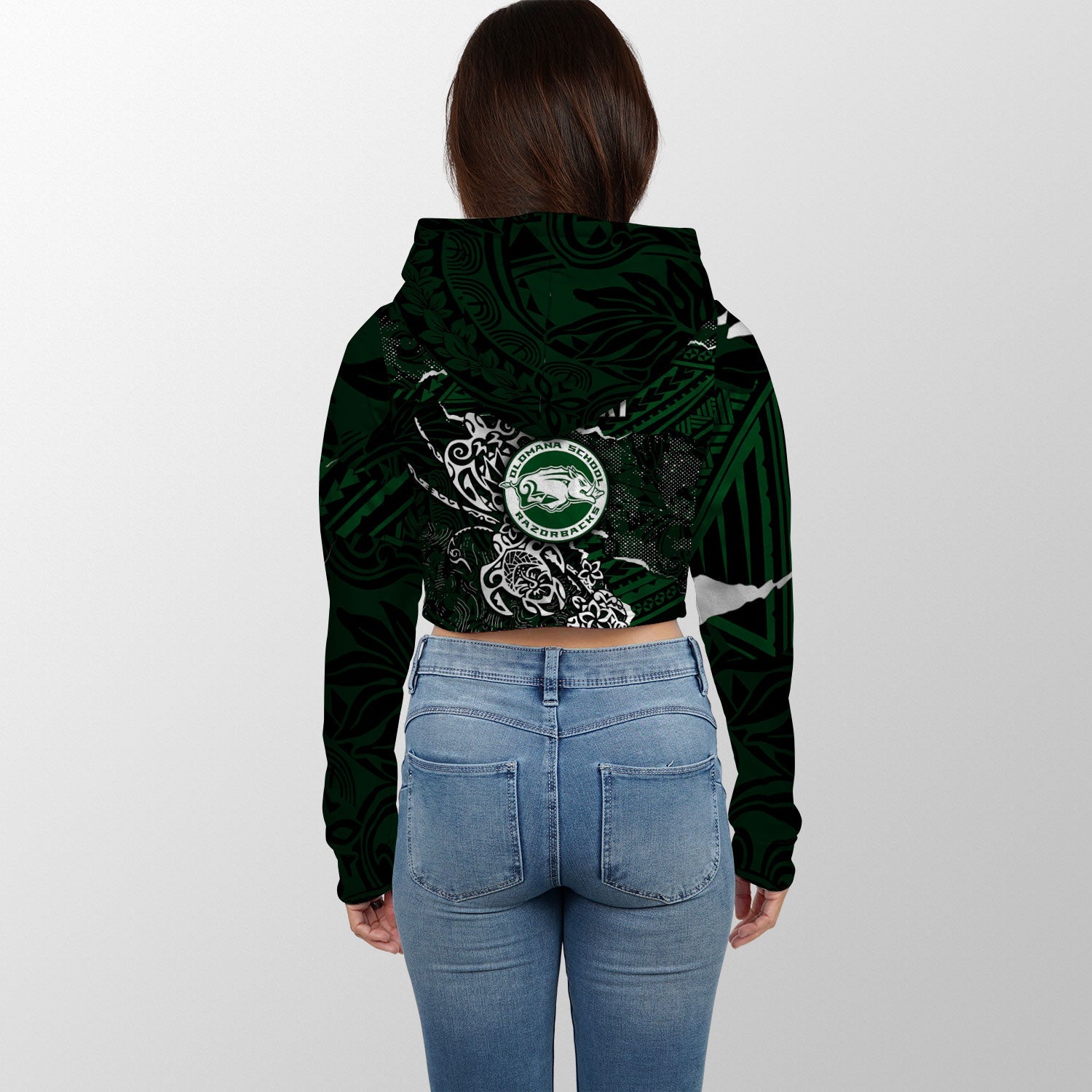 Hawaii Olomana High & Intermediate School Custom Croptop Hoodie Polynesian Turtle Style