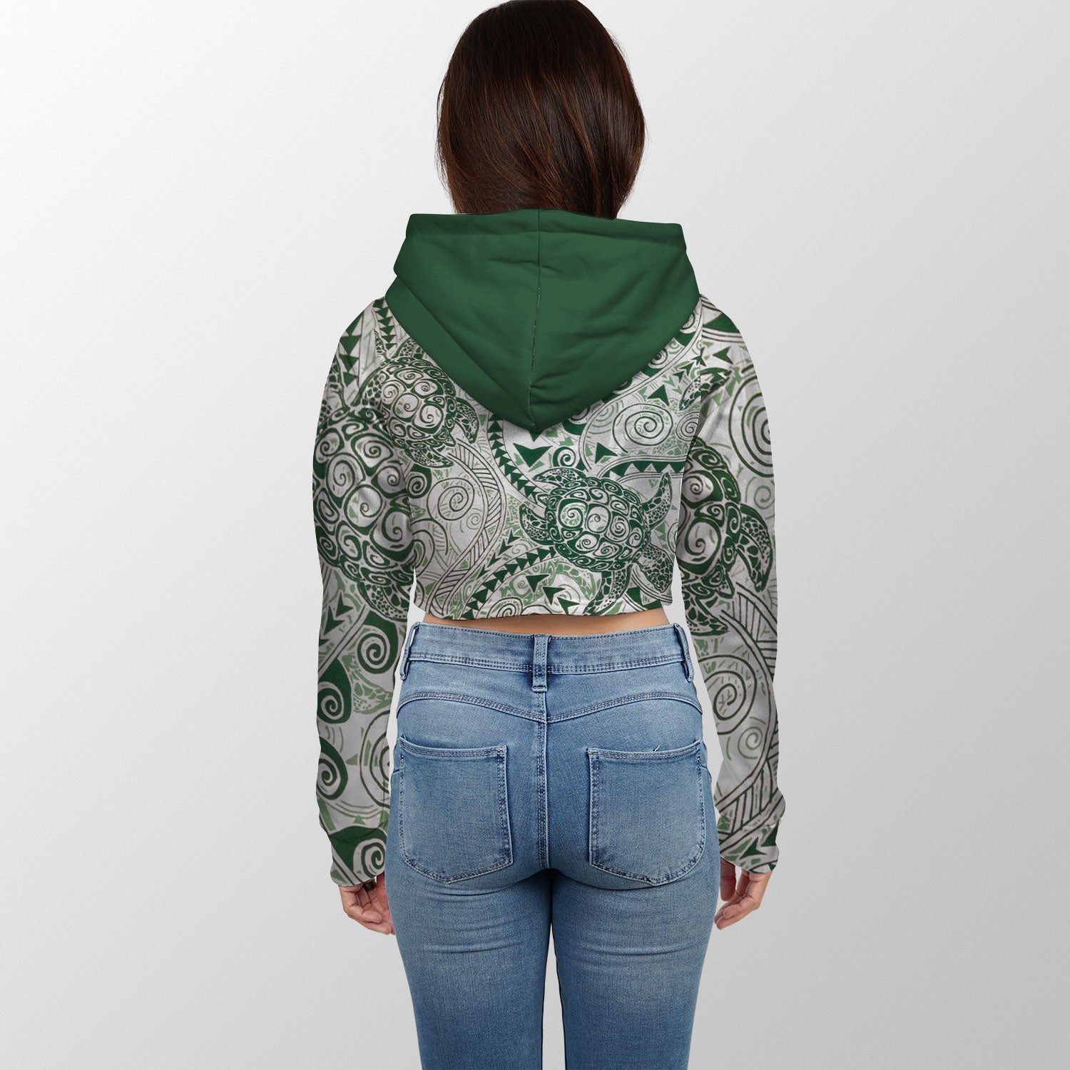 Hawaii Polynesian Turtle Croptop Hoodie Green Style