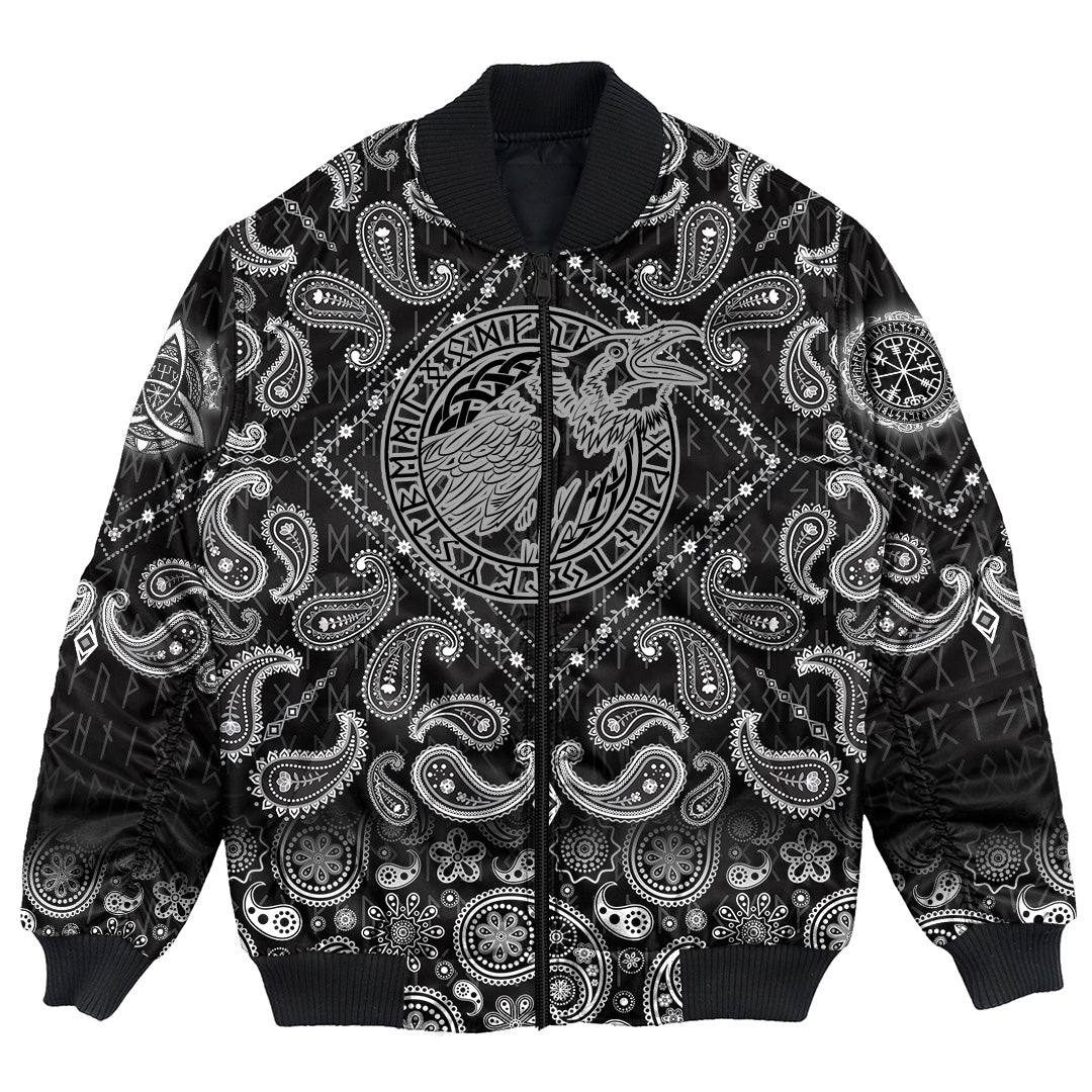 Viking Bomber Jacket Crows Scandinavian Runes with Bandana Paisley Style