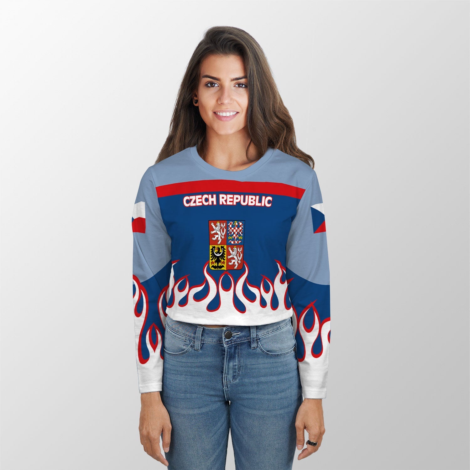 Czech Republic Crop Top Long TShirt Flag & Coat Of Arms Fire Hockey Style