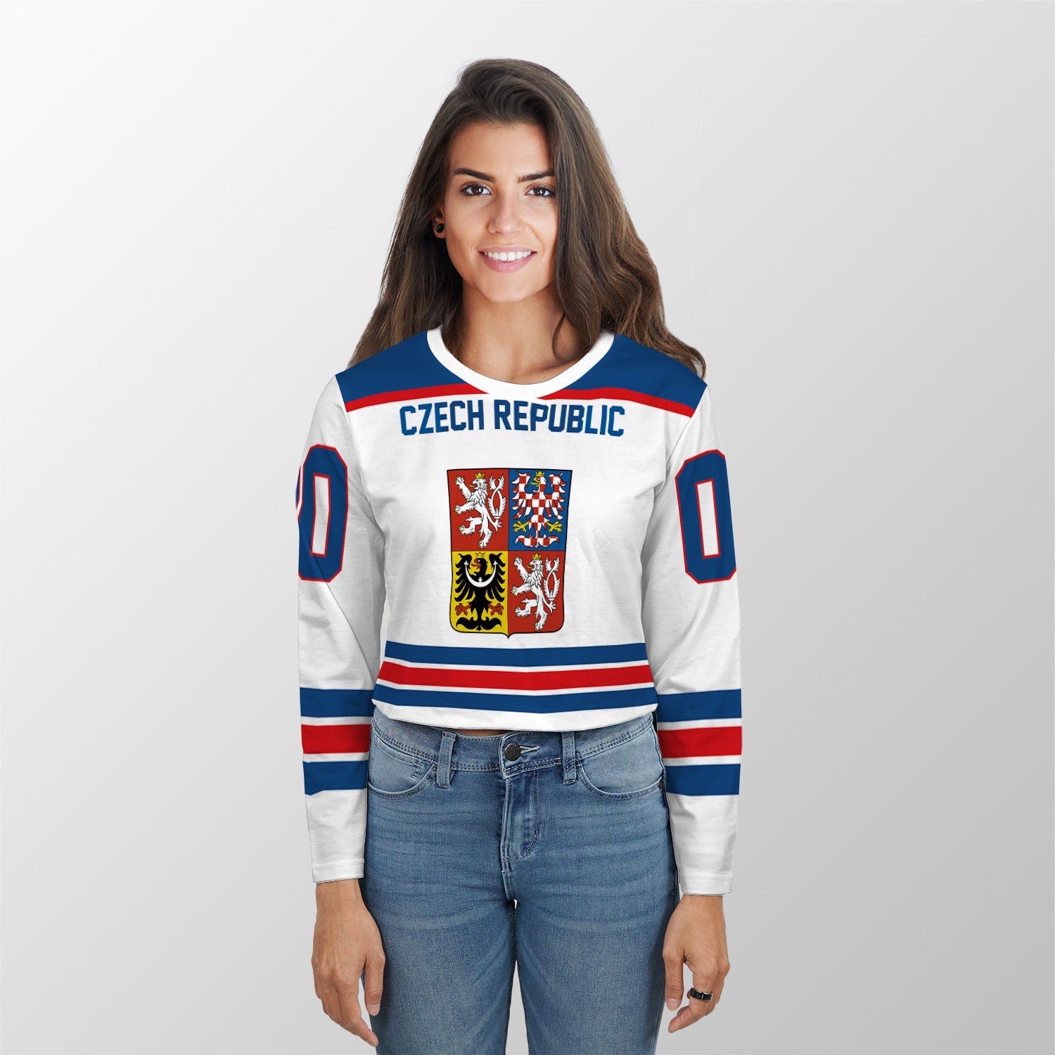 Czech Republic Crop Top Long T Shirt Flag & Coat Of Arms Hockey Style