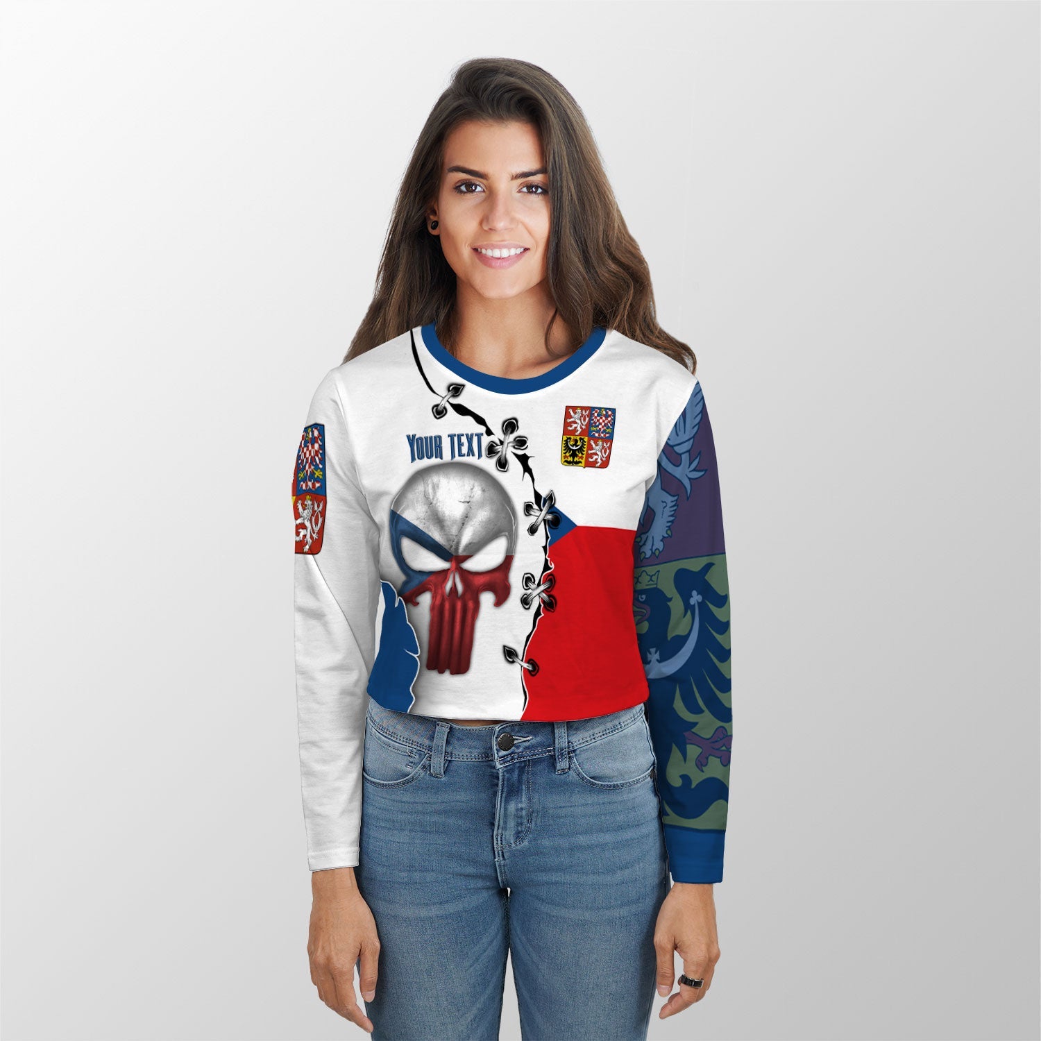 Czech Republic Crop Top Long TShirt Flag & Coat Of Arms Skull Style