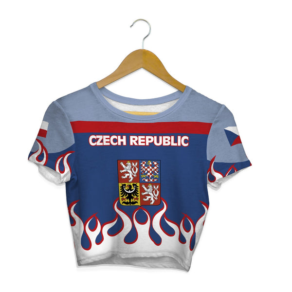 Czech Republic Crop Top T Shirt Flag & Coat Of Arms Fire Hockey Style