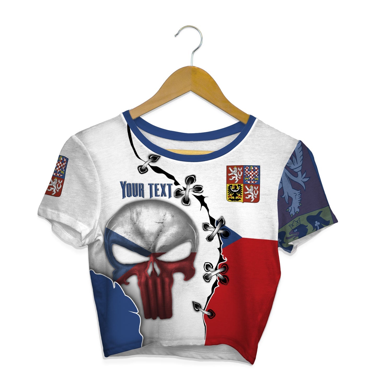 Czech Republic Crop Top T Shirt Flag & Coat Of Arms Skull Style