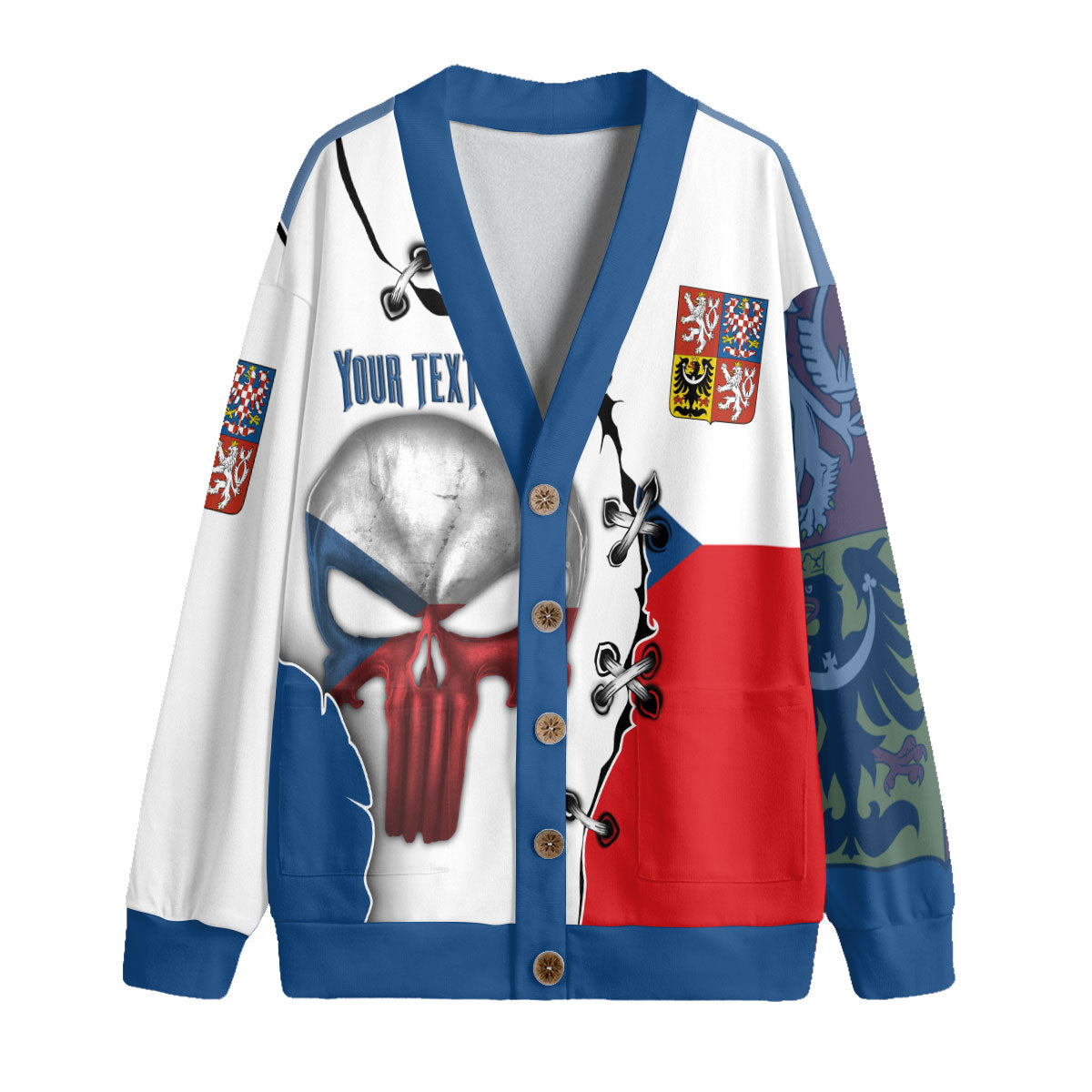 Czech Republic Fleece Cardigan Flag & Coat Of Arms Skull Style