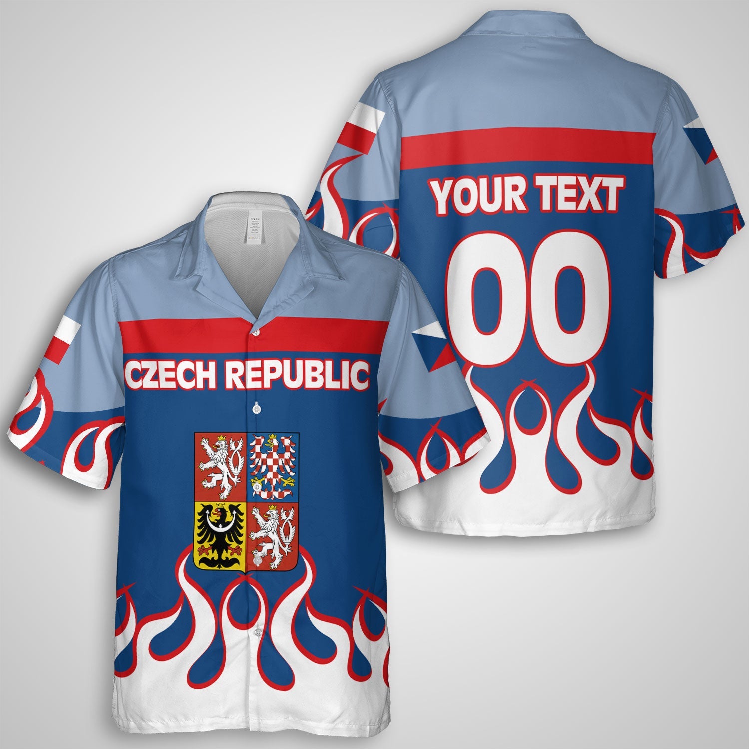 Czech Republic Hawaiian Shirt Flag & Coat Of Arms Fire Hockey Style