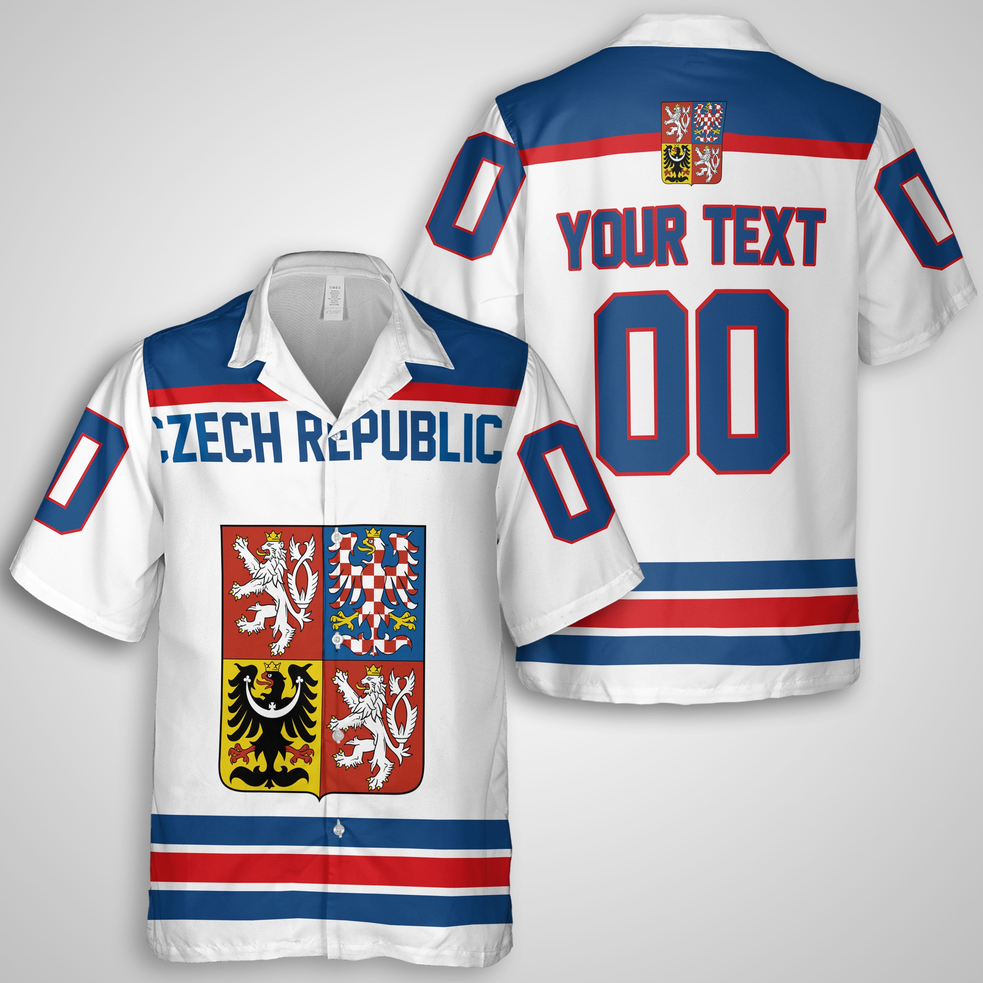 Czech Republic Hawaiian Shirt Flag & Coat Of Arms Hockey Style