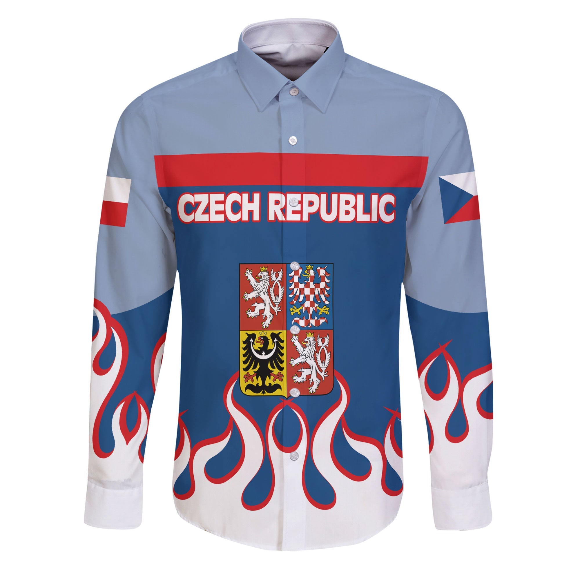 Czech Republic Long Sleeve Button Shirt Flag & Coat Of Arms Fire Hockey Style