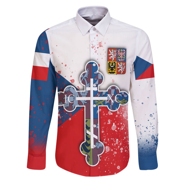 Czech Republic Long Sleeve Button Shirt Flag & Coat Of Arms Orthodox Style