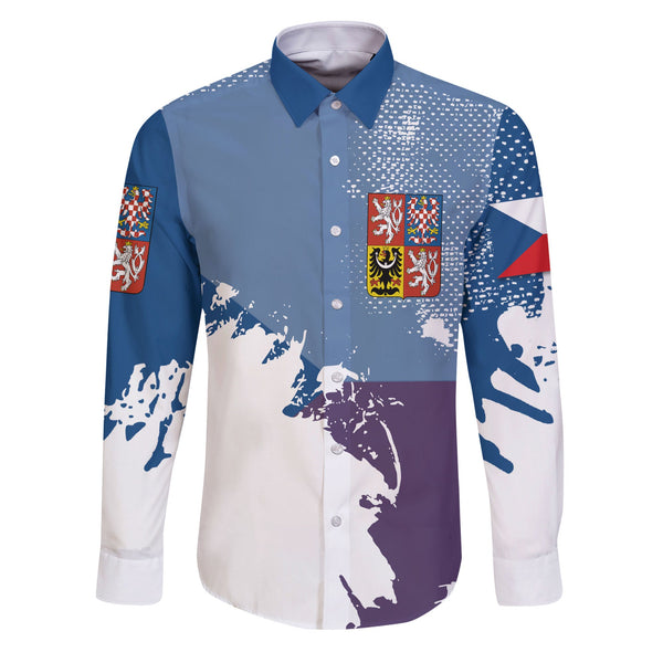 Czech Republic Long Sleeve Button Shirt Flag & Coat Of Arms Paint Style