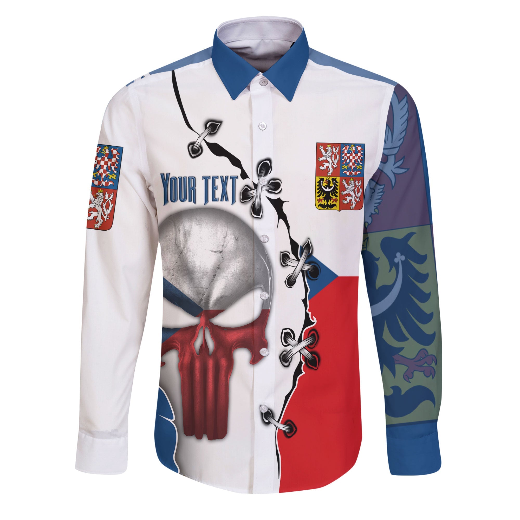 Czech Republic Long Sleeve Button Shirt Flag & Coat Of Arms Skull Style