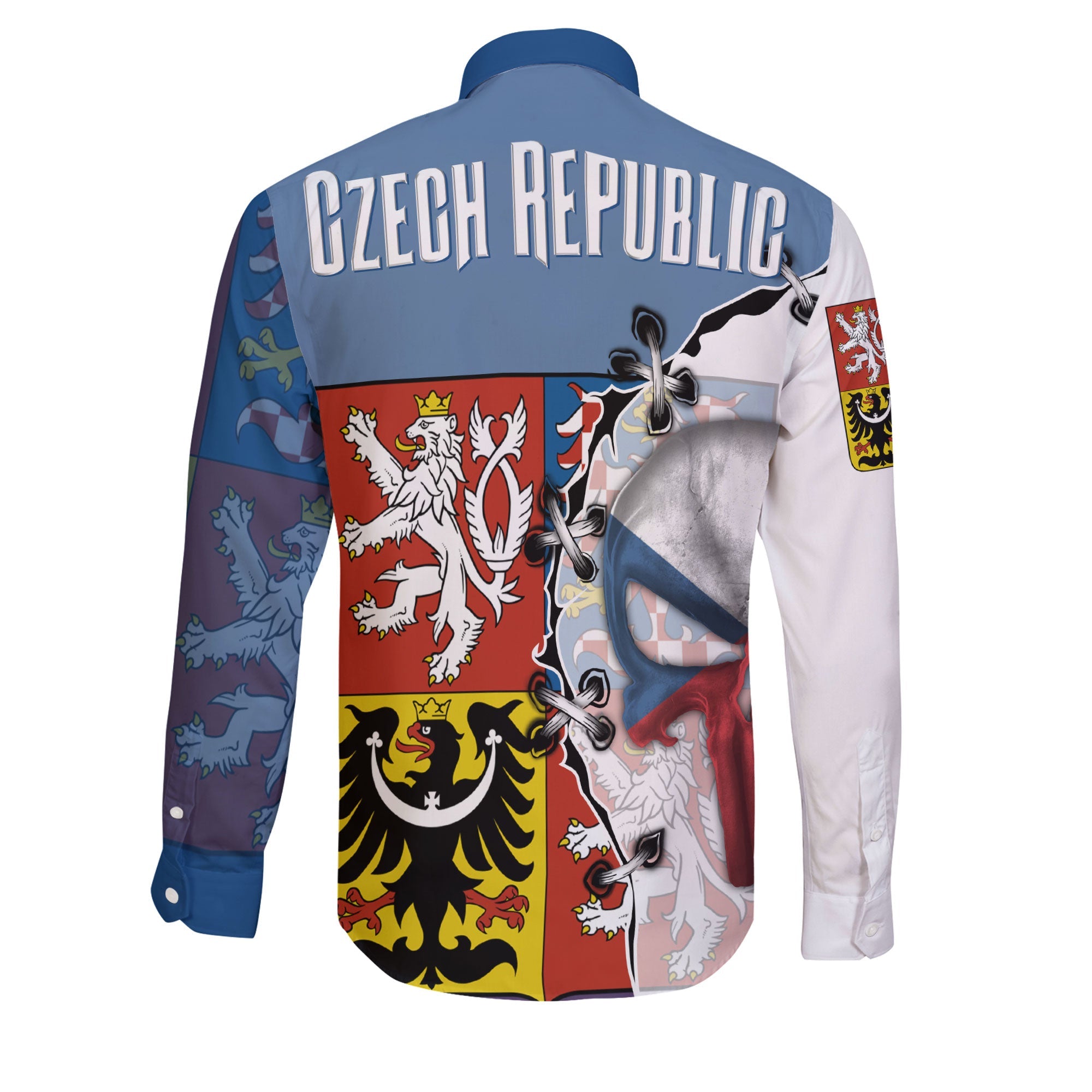 Czech Republic Long Sleeve Button Shirt Flag & Coat Of Arms Skull Style