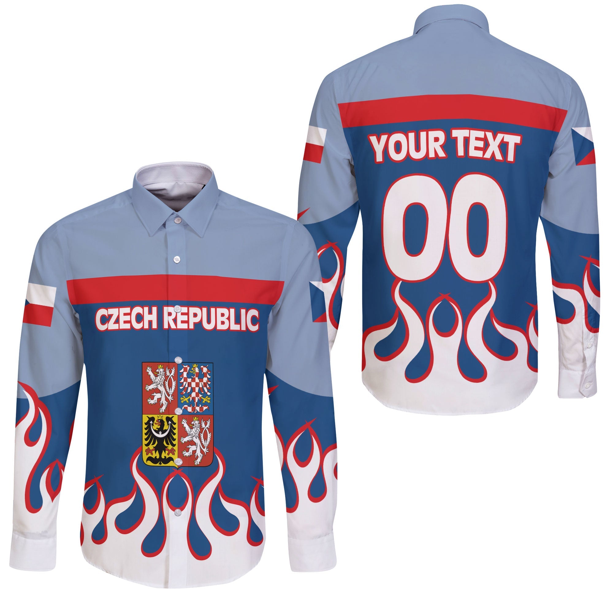 Czech Republic Long Sleeve Button Shirt Flag & Coat Of Arms Fire Hockey Style